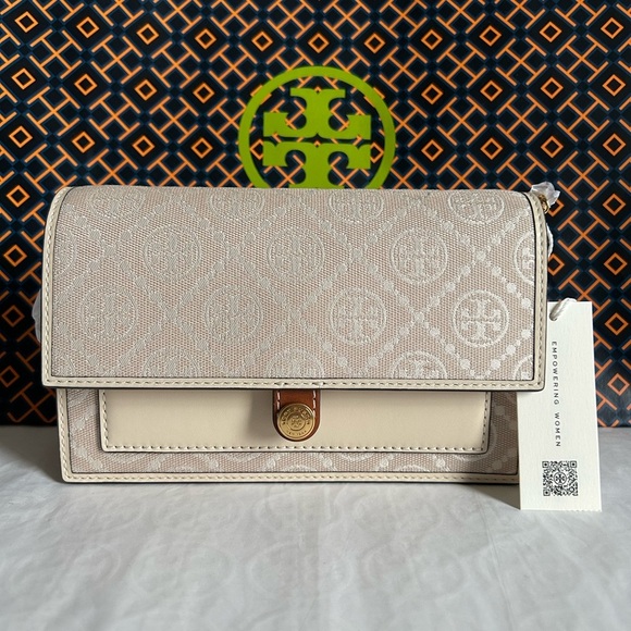 Tory Burch T Monogram Chain Wallet Crossbody Bag Ivory Gold Tan Cream Neutral - Picture 1 of 14
